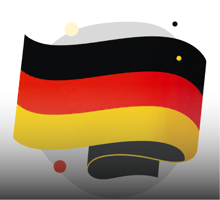 German flag with a building in the background.